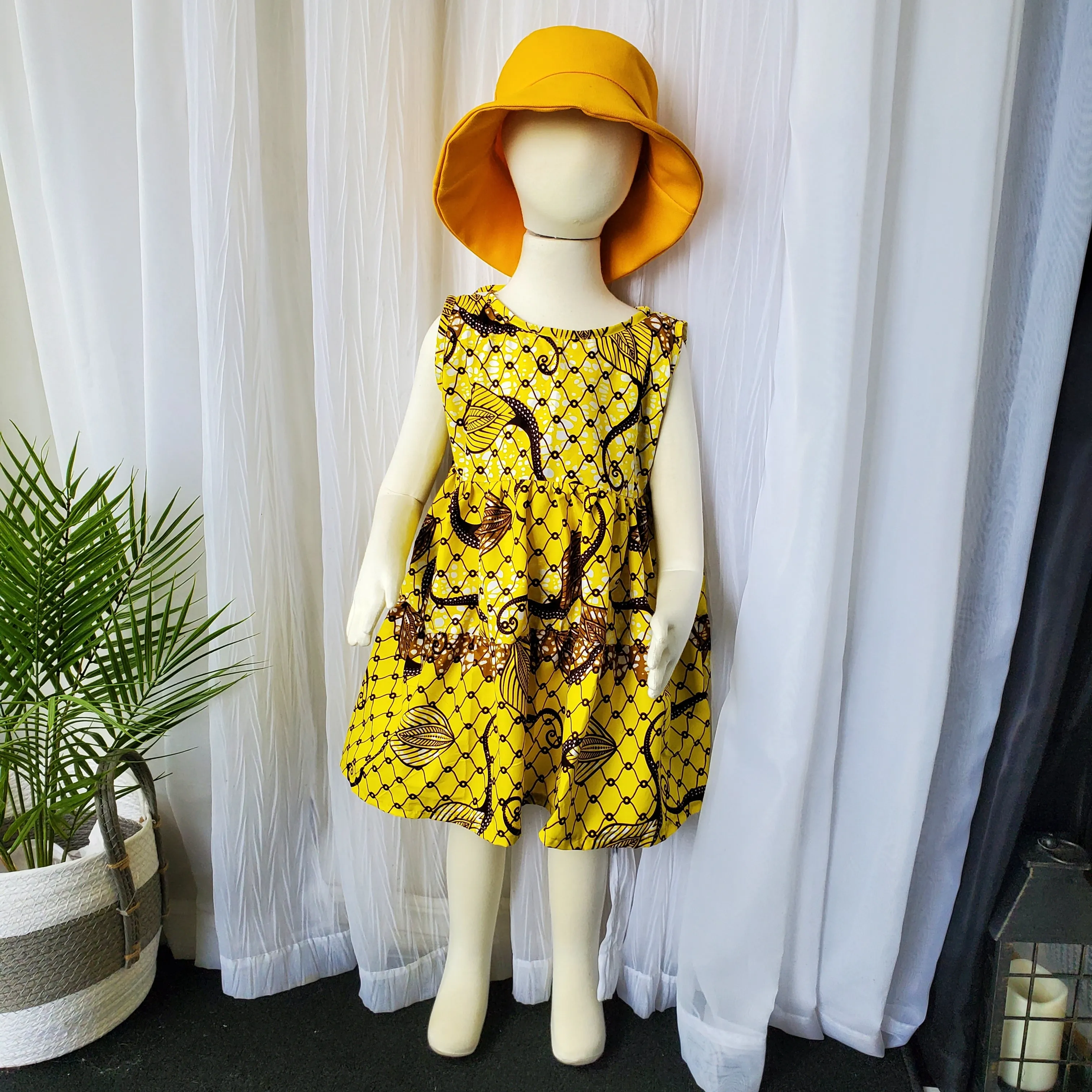 African Print Layered Sleeveless Dress - Yellow / Brown Floral Print