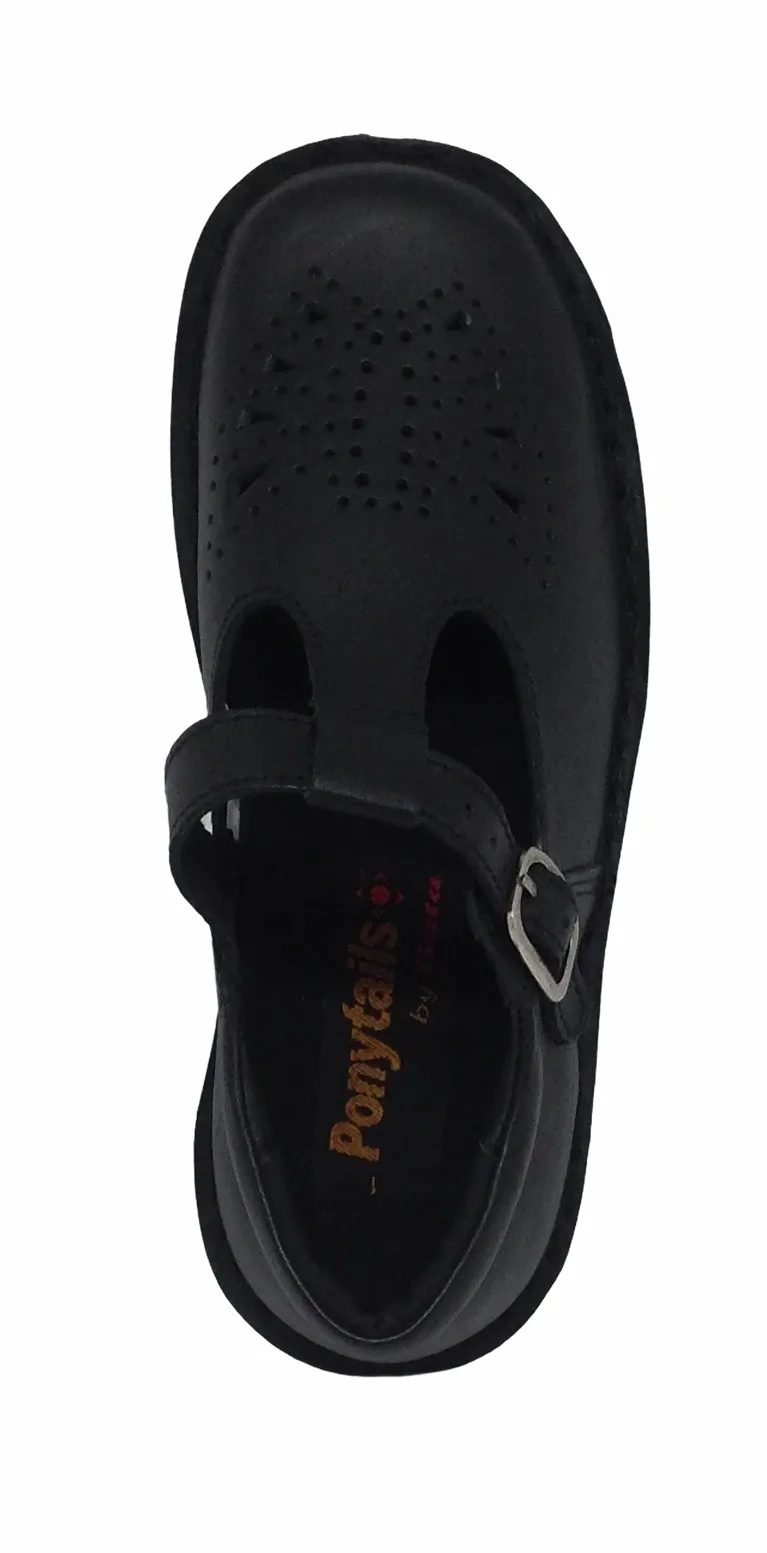 Bata Ponytails Tbar Cala School Shoe Matt Black
