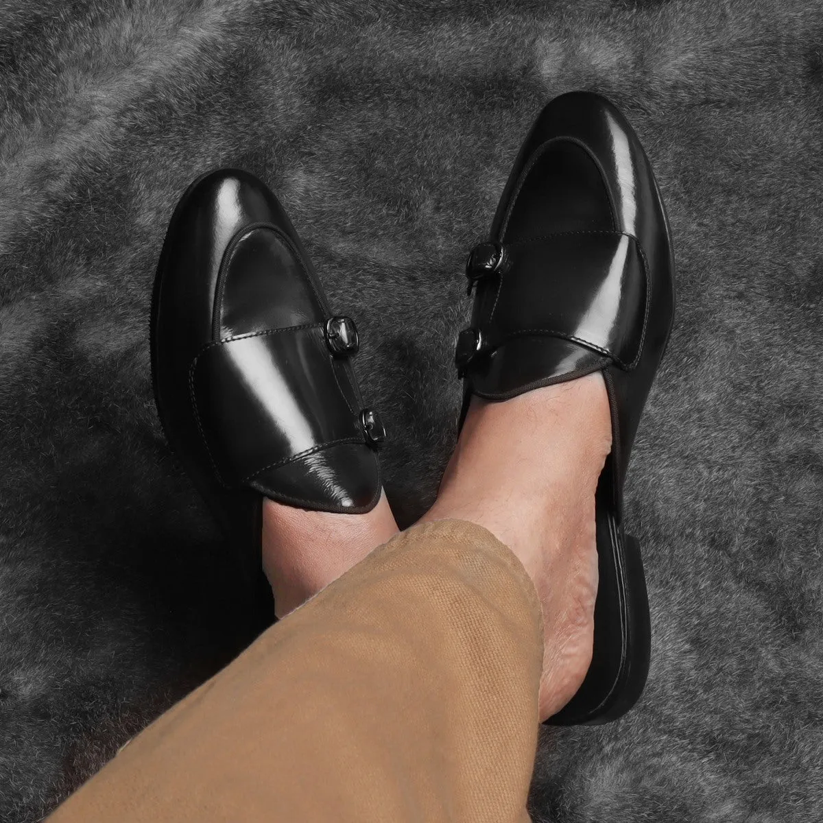 Black Leather Double Monk Mules by Brune & Bareskin