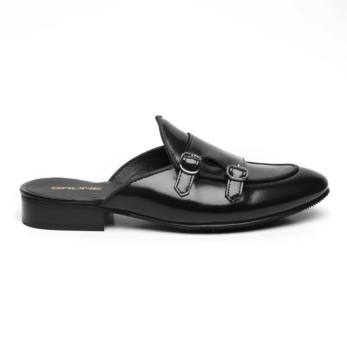 Black Leather Double Monk Mules by Brune & Bareskin