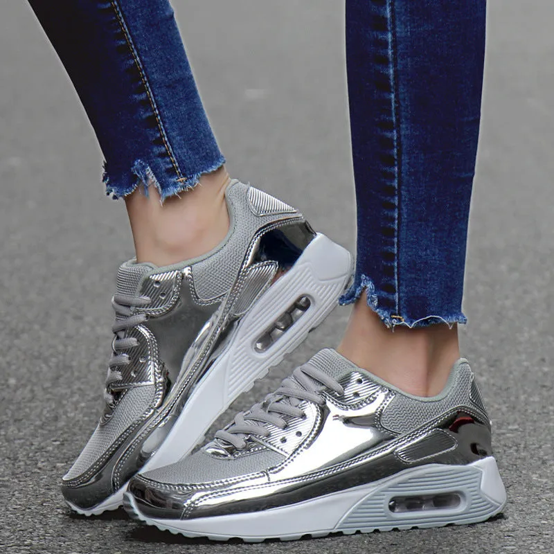 Breathable Women's Sports Flat Shoes Gold Slip On Air Cushion Shoes