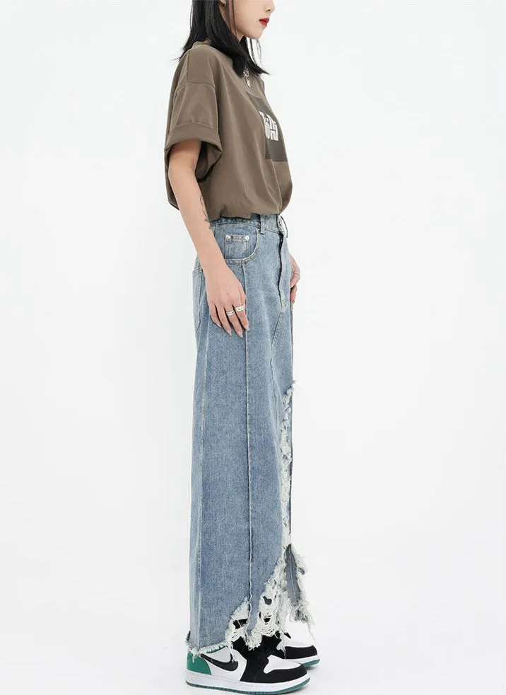 Distressed Denim Midi Skirt