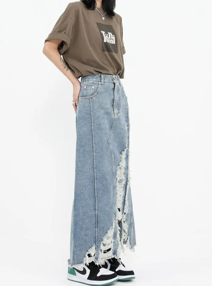 Distressed Denim Midi Skirt