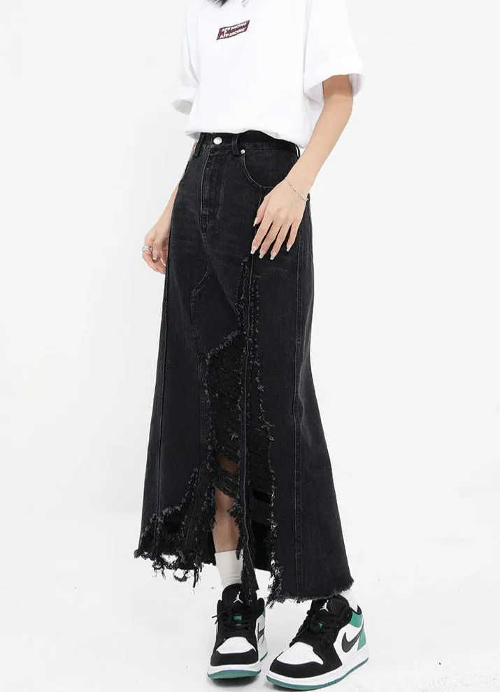 Distressed Denim Midi Skirt