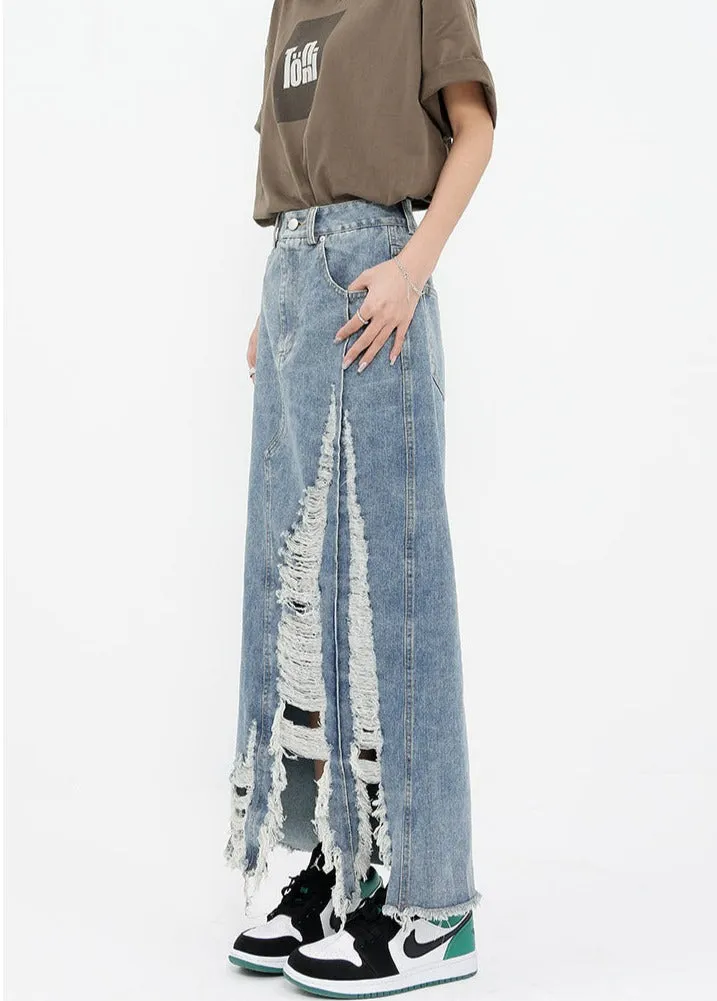 Distressed Denim Midi Skirt