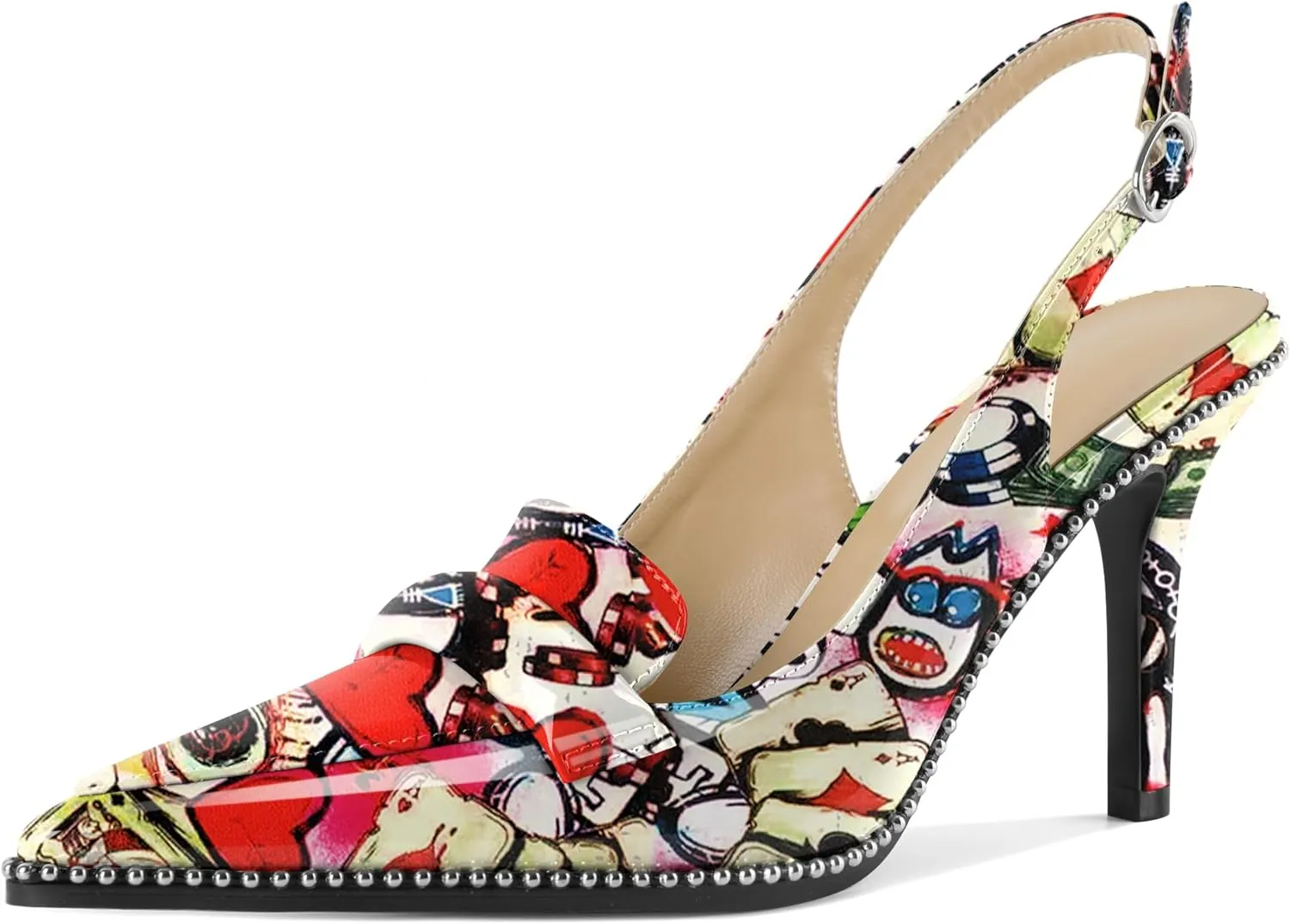 Esvowido Women 3.5" Slingback High Heel Pumps Stilettos Beaded Pointed Toe Shoes Slip On Loafers Pumps Patent Leather High Heel Shoes for Women