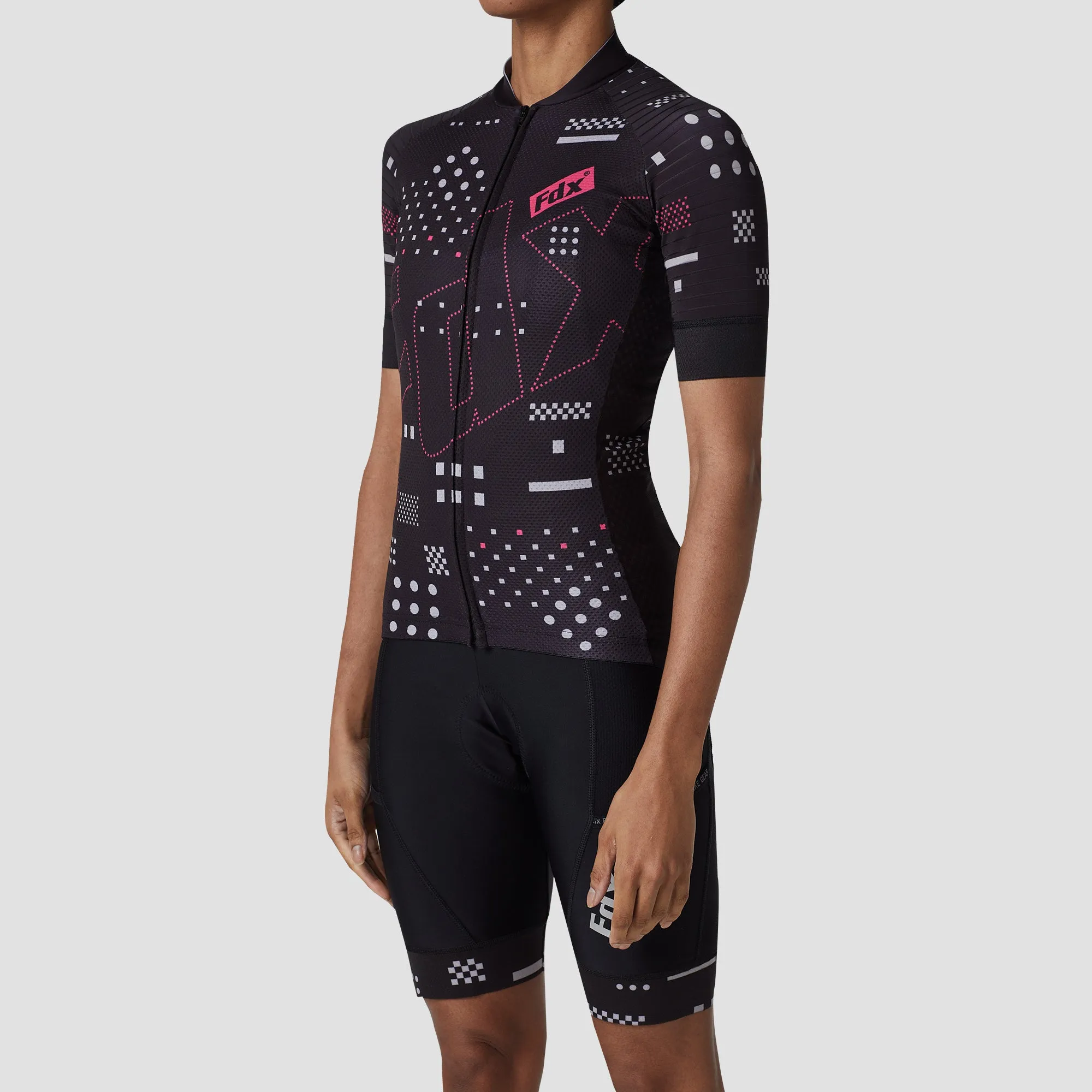 Fdx Women's & Girl's Set All Day Black Short Sleeve Cycling Jersey & Cargo Bib Shorts