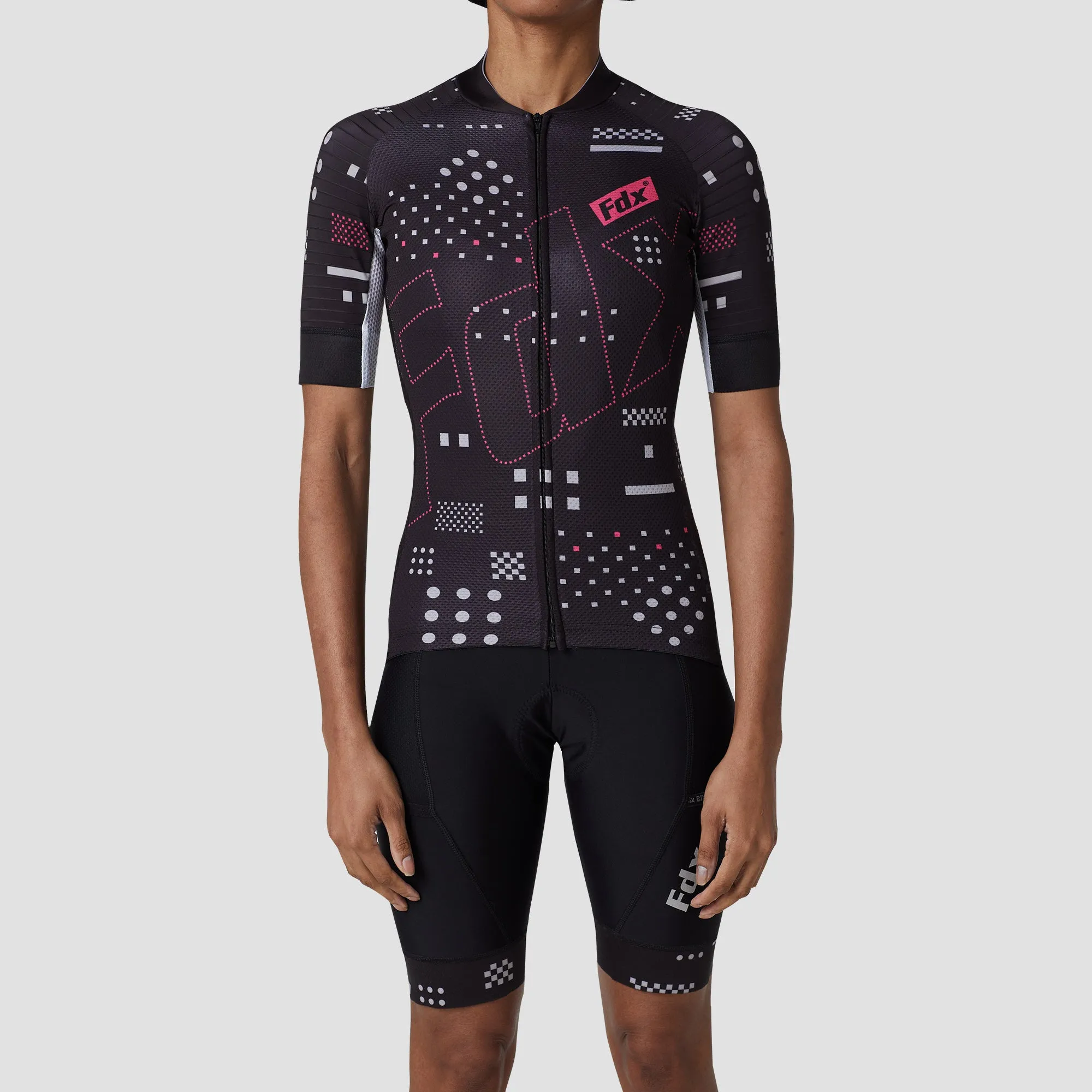 Fdx Women's & Girl's Set All Day Black Short Sleeve Cycling Jersey & Cargo Bib Shorts