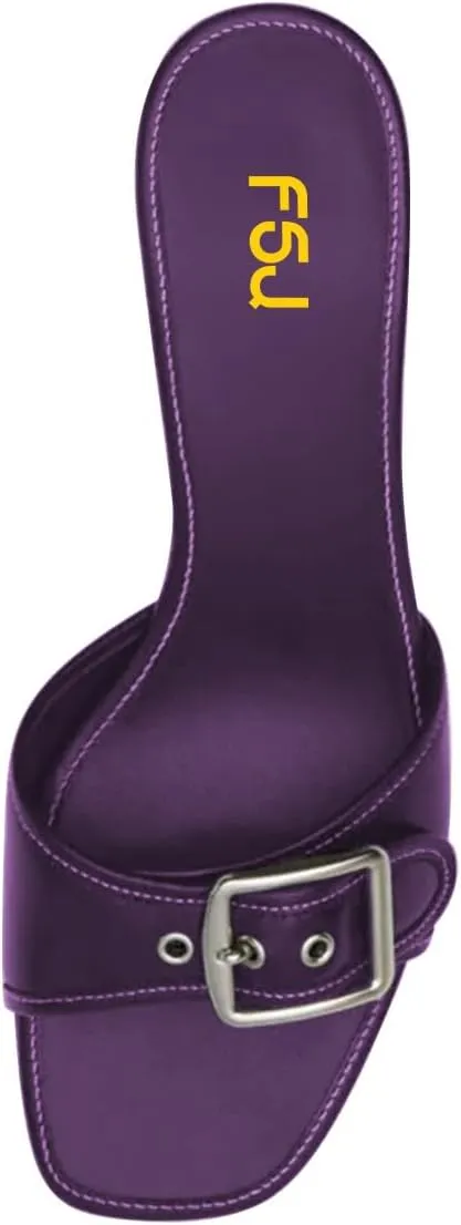 FSJ Women Low Kitten Heel Mules Comfortable Square Open Toe Slip On Sandals Studs Buckled Strap Slides Summer Fashion Slippers Size 4-16 US