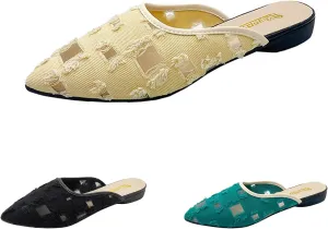 KCTRFSJ Women's Pointed Toe Hollow Flat Mule Slides,Fashion Sexy Slip On Closed Toe Backless Sandals Loafer Shoes,Comfortable Breathable Low Heel Casual Dress Mule Slippers