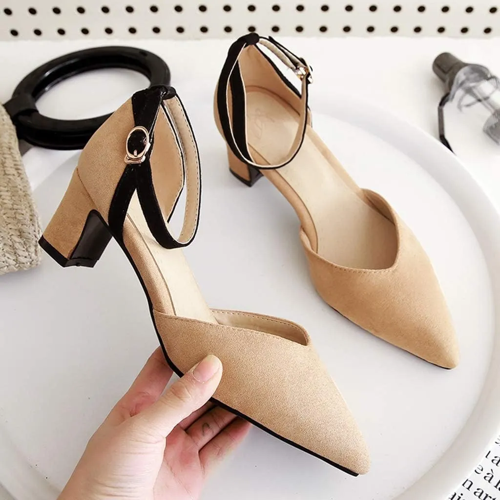 MIOKE Women's Pointed Toe Ankle Strap D'Orsay Pumps Low Block Heel Comfortable Dress Sandals Office Shoes