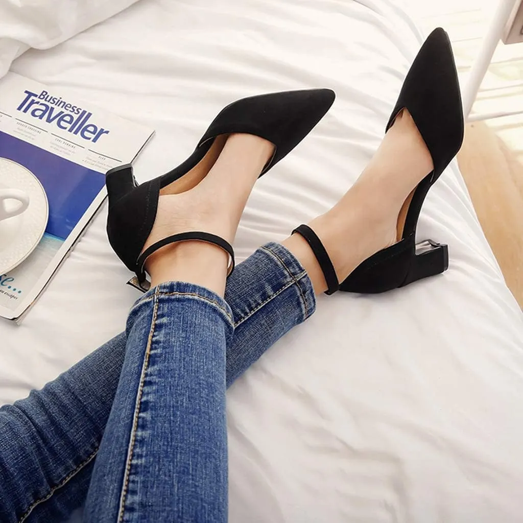 MIOKE Women's Pointed Toe Ankle Strap D'Orsay Pumps Low Block Heel Comfortable Dress Sandals Office Shoes