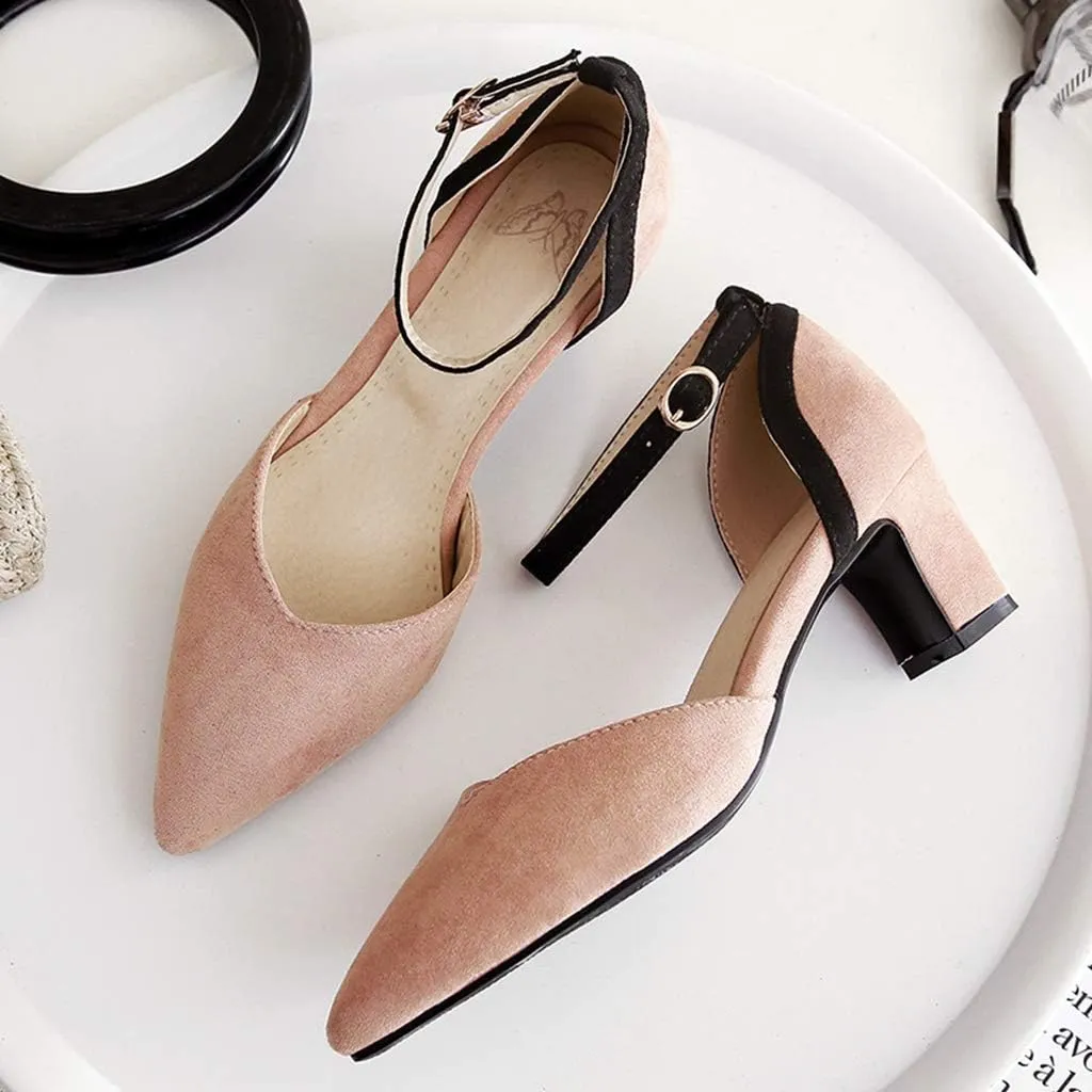 MIOKE Women's Pointed Toe Ankle Strap D'Orsay Pumps Low Block Heel Comfortable Dress Sandals Office Shoes