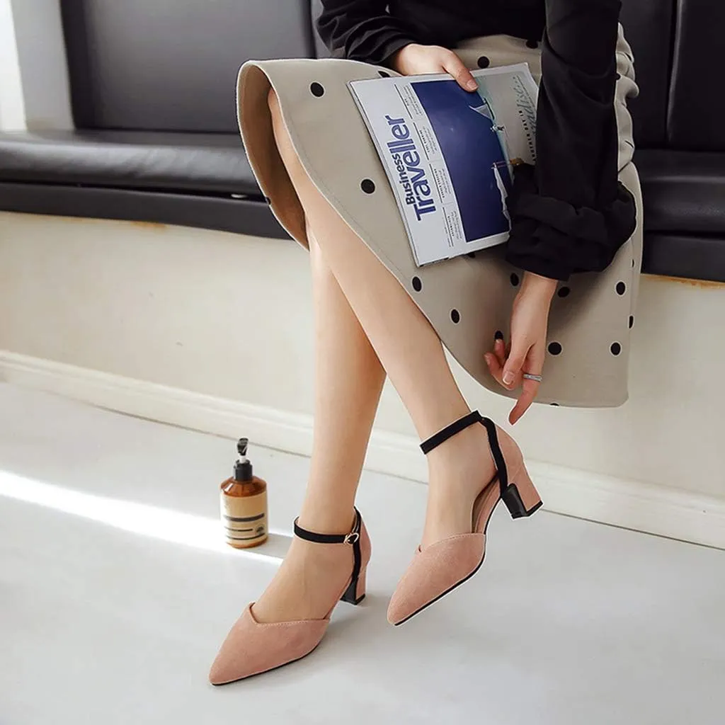 MIOKE Women's Pointed Toe Ankle Strap D'Orsay Pumps Low Block Heel Comfortable Dress Sandals Office Shoes