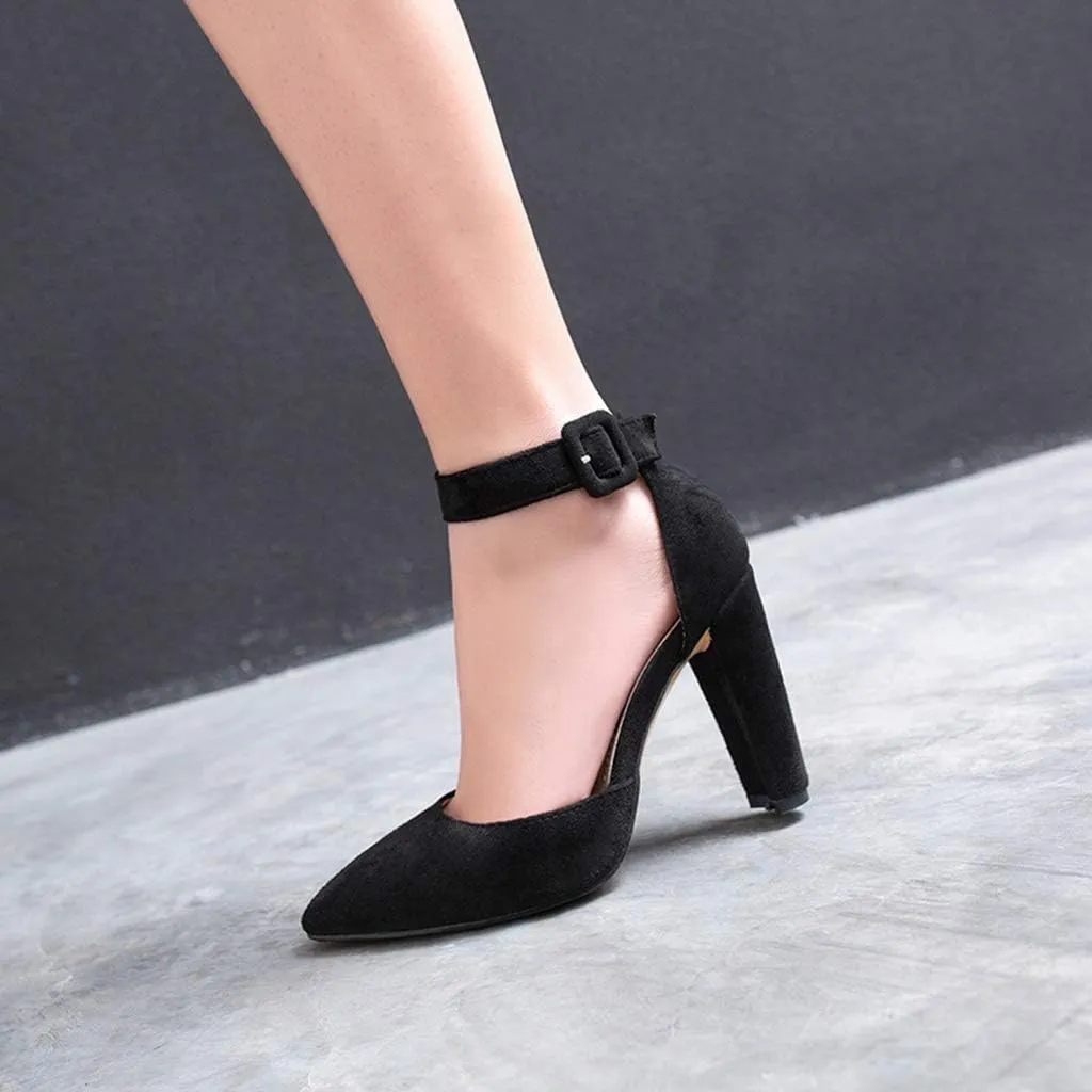 MIOKE Women's Pointed Toe Block High Heel D'Orsay Pumps Suede Ankle Strap Dress Sandal Wedding Party Shoes