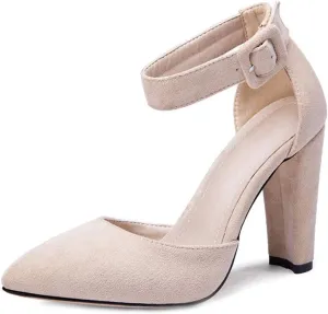 MIOKE Women's Pointed Toe Block High Heel D'Orsay Pumps Suede Ankle Strap Dress Sandal Wedding Party Shoes