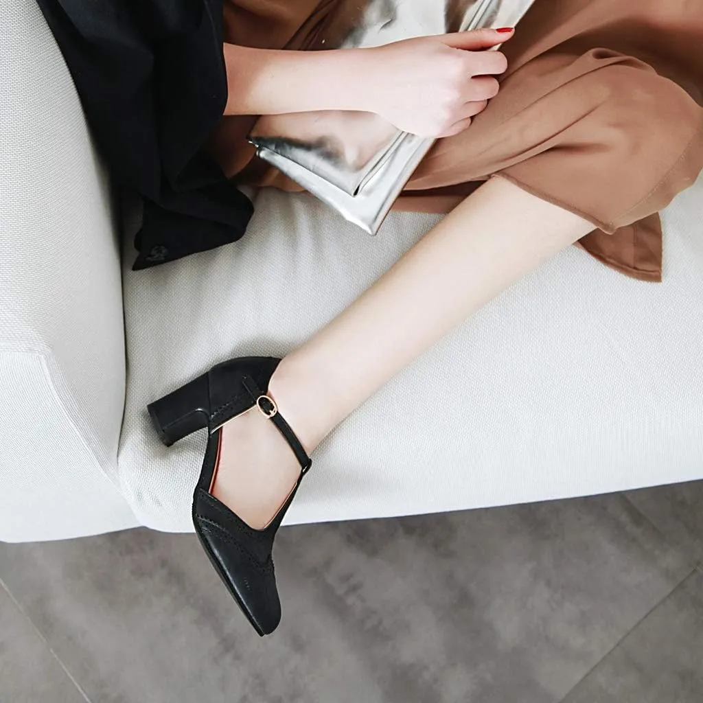 MIOKE Women's Pointed Toe D'Orsay Pumps Comfort Ankle Strap Block Mid Heel Dress Sandals Party Office Shoes