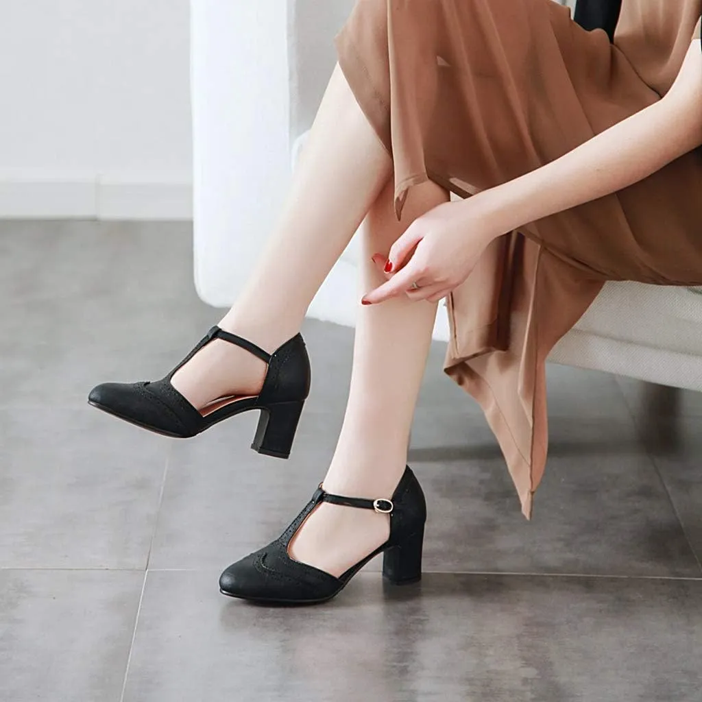 MIOKE Women's Pointed Toe D'Orsay Pumps Comfort Ankle Strap Block Mid Heel Dress Sandals Party Office Shoes