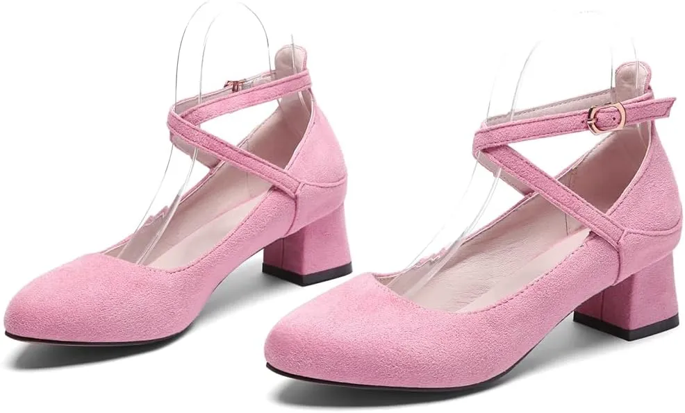 MIOKE Women's Square Toe Chunky Mid Block Heel Pumps Suede Ankle Strap Comfort Retro Elegant Dress Shoes
