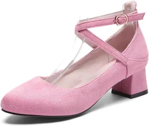 MIOKE Women's Square Toe Chunky Mid Block Heel Pumps Suede Ankle Strap Comfort Retro Elegant Dress Shoes