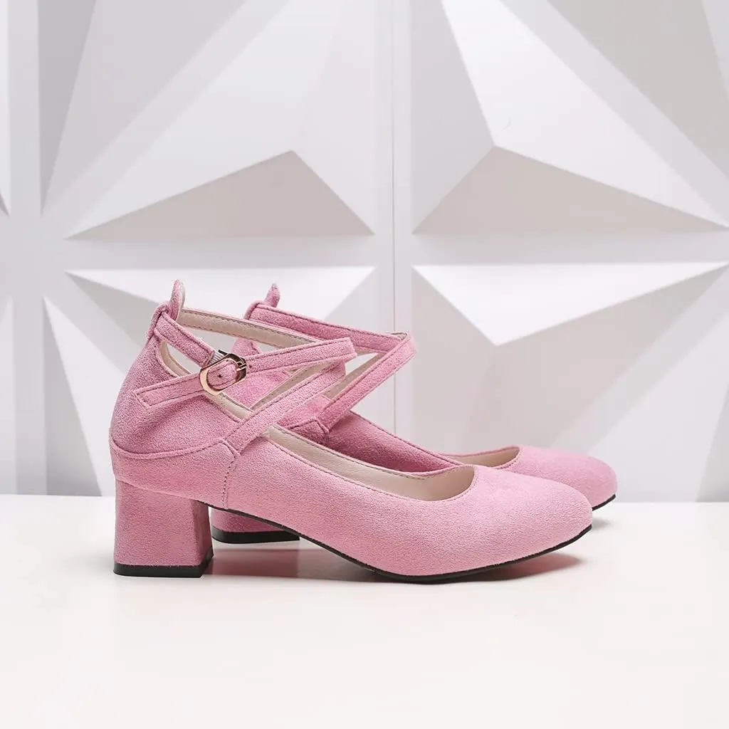 MIOKE Women's Square Toe Chunky Mid Block Heel Pumps Suede Ankle Strap Comfort Retro Elegant Dress Shoes