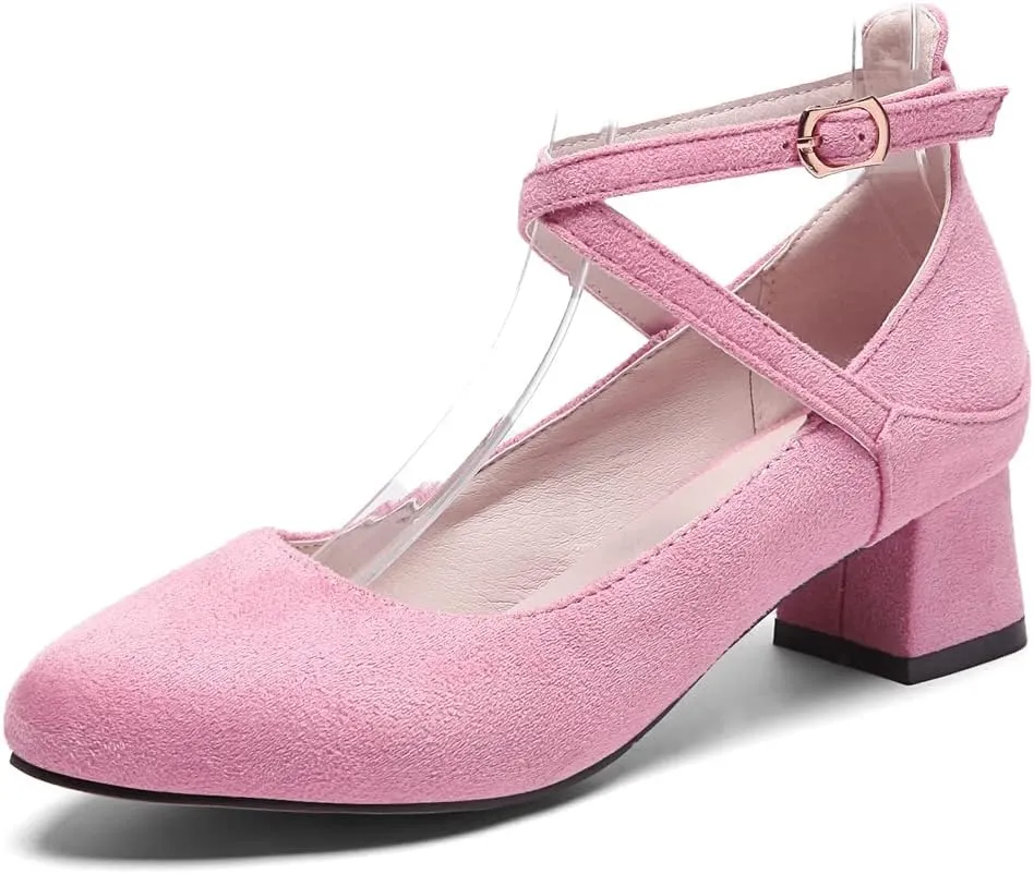 MIOKE Women's Square Toe Chunky Mid Block Heel Pumps Suede Ankle Strap Comfort Retro Elegant Dress Shoes