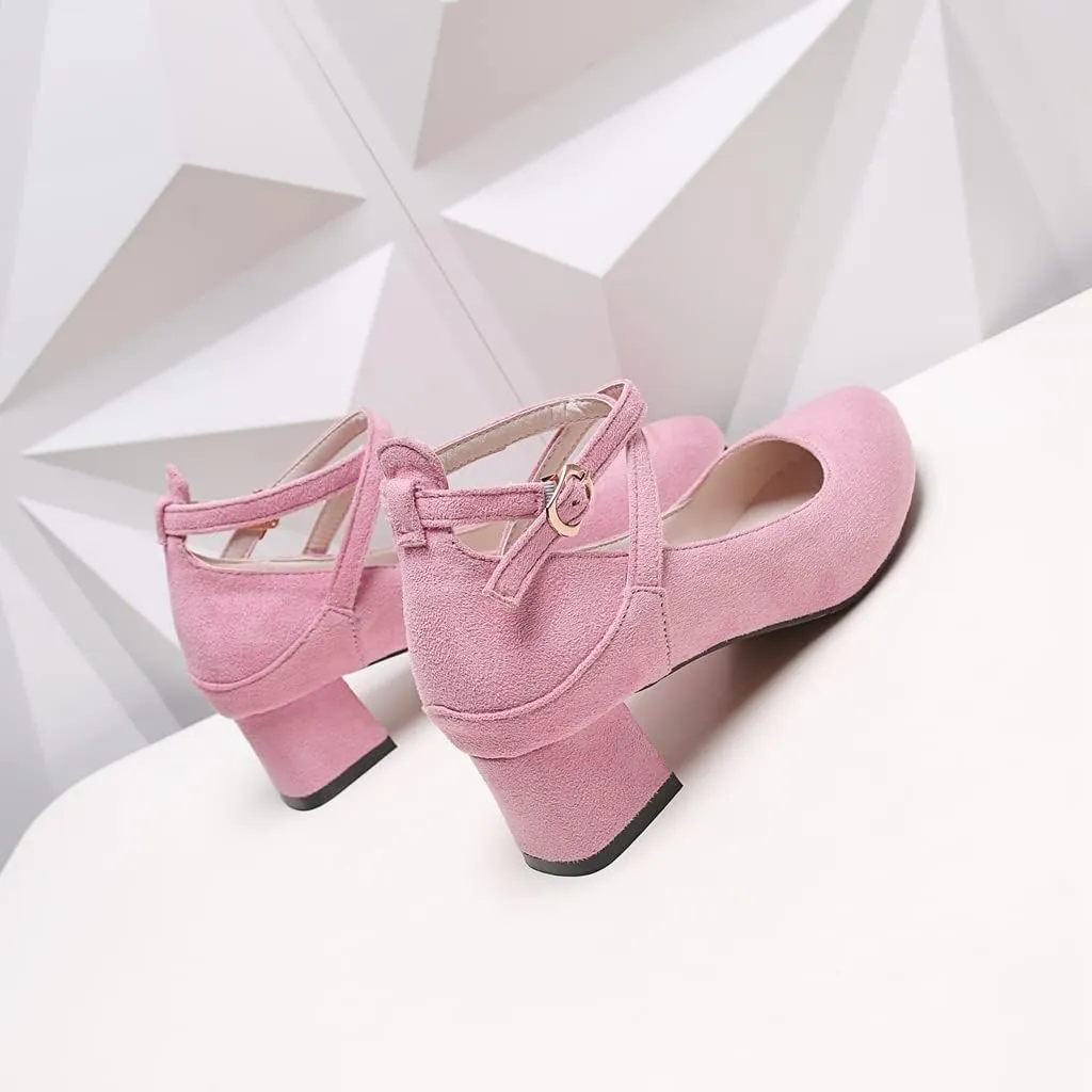 MIOKE Women's Square Toe Chunky Mid Block Heel Pumps Suede Ankle Strap Comfort Retro Elegant Dress Shoes