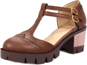 MIOKE Women's T-Strap Mary Jane Pumps Retro Round Toe Platform Chunky Heel Brogue Vintage Oxford Shoes