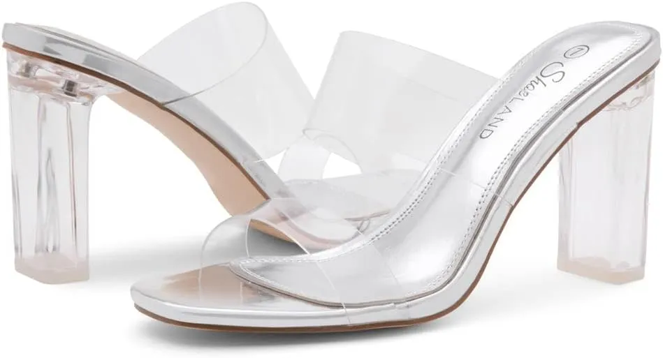 Shoe Land Brienna Women's Clear Heels Chunky Block Heeled Slides Open Toe Two Band Slip-On Mules  Dressy Heeled Sandals for Prom, Wedding, and Party