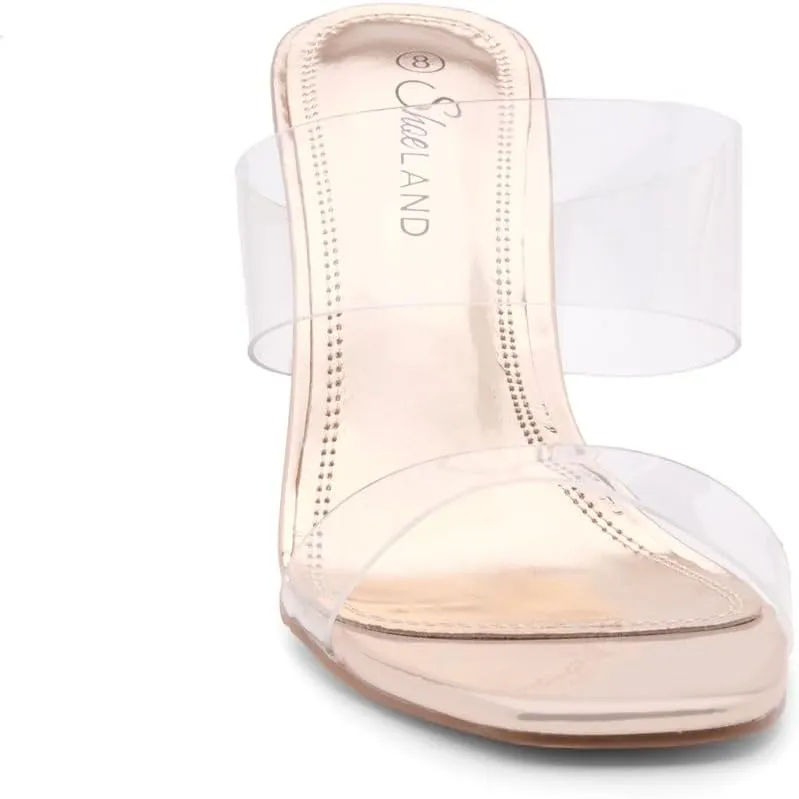 Shoe Land Brienna Women's Clear Heels Chunky Block Heeled Slides Open Toe Two Band Slip-On Mules  Dressy Heeled Sandals for Prom, Wedding, and Party