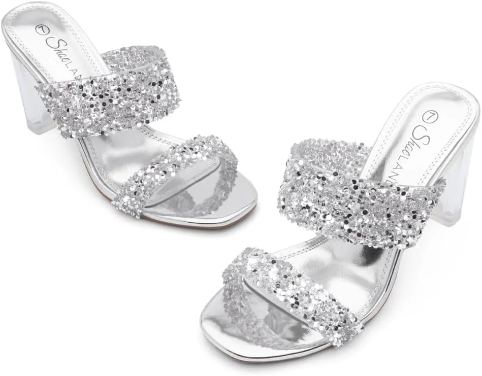Shoe Land Brienna Women's Clear Heels Chunky Block Heeled Slides Open Toe Two Band Slip-On Mules  Dressy Heeled Sandals for Prom, Wedding, and Party