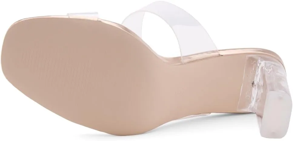 Shoe Land Brienna Women's Clear Heels Chunky Block Heeled Slides Open Toe Two Band Slip-On Mules  Dressy Heeled Sandals for Prom, Wedding, and Party