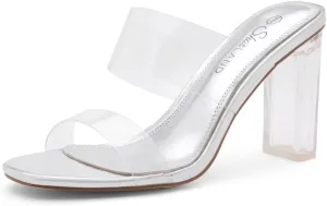 Shoe Land Brienna Women's Clear Heels Chunky Block Heeled Slides Open Toe Two Band Slip-On Mules  Dressy Heeled Sandals for Prom, Wedding, and Party