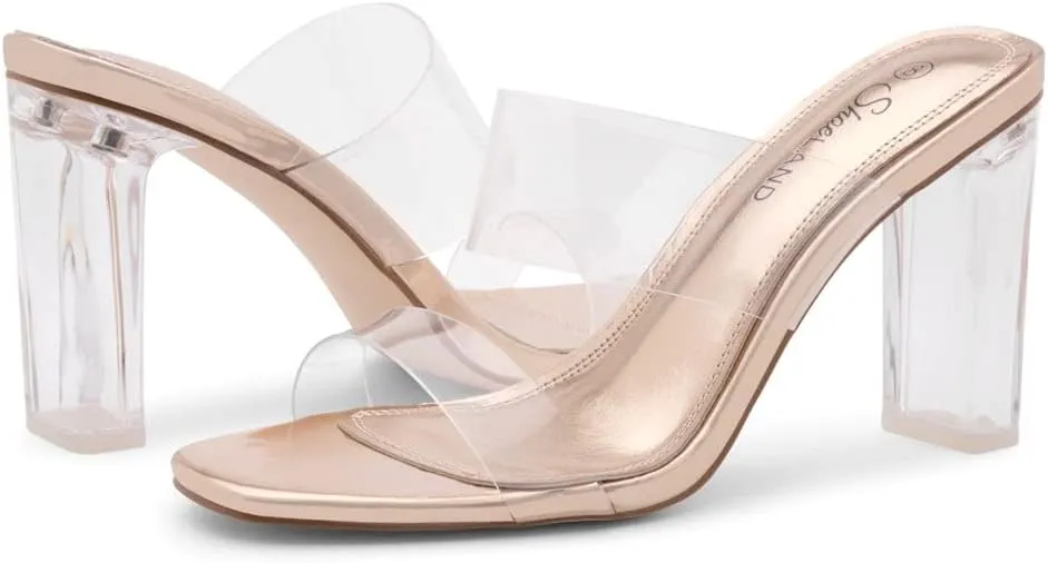 Shoe Land Brienna Women's Clear Heels Chunky Block Heeled Slides Open Toe Two Band Slip-On Mules  Dressy Heeled Sandals for Prom, Wedding, and Party