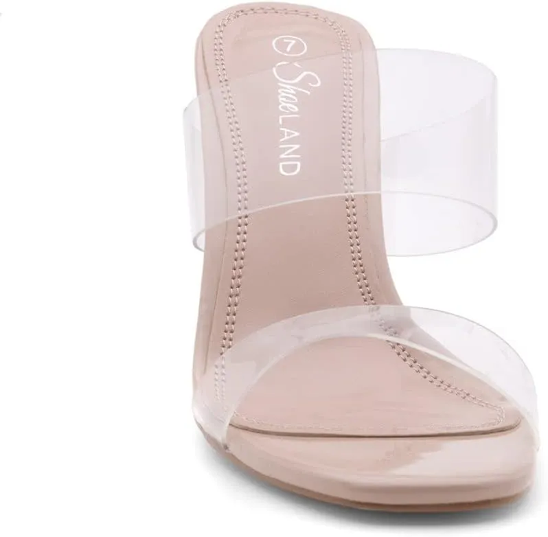 Shoe Land Brienna Women's Clear Heels Chunky Block Heeled Slides Open Toe Two Band Slip-On Mules  Dressy Heeled Sandals for Prom, Wedding, and Party