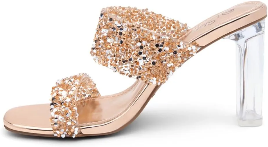 Shoe Land Brienna Women's Clear Heels Chunky Block Heeled Slides Open Toe Two Band Slip-On Mules  Dressy Heeled Sandals for Prom, Wedding, and Party