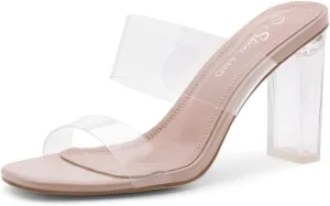 Shoe Land Brienna Women's Clear Heels Chunky Block Heeled Slides Open Toe Two Band Slip-On Mules  Dressy Heeled Sandals for Prom, Wedding, and Party