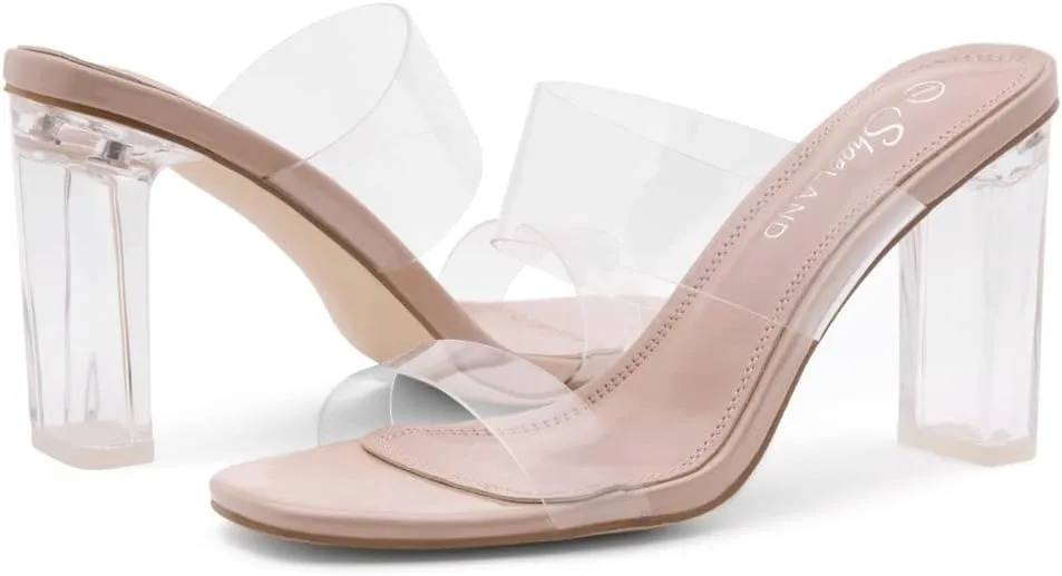 Shoe Land Brienna Women's Clear Heels Chunky Block Heeled Slides Open Toe Two Band Slip-On Mules  Dressy Heeled Sandals for Prom, Wedding, and Party