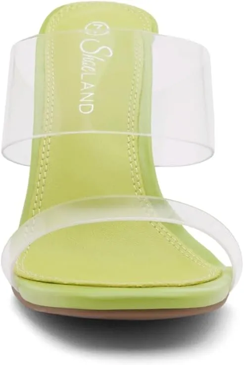 Shoe Land Brienna Women's Clear Heels Chunky Block Heeled Slides Open Toe Two Band Slip-On Mules  Dressy Heeled Sandals for Prom, Wedding, and Party