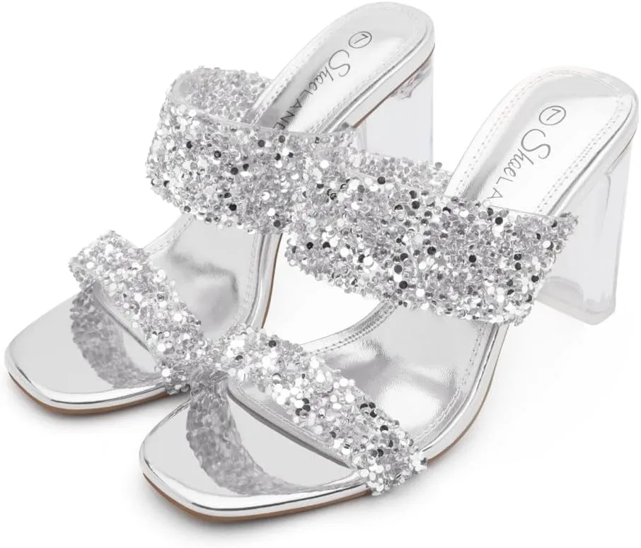 Shoe Land Brienna Women's Clear Heels Chunky Block Heeled Slides Open Toe Two Band Slip-On Mules  Dressy Heeled Sandals for Prom, Wedding, and Party