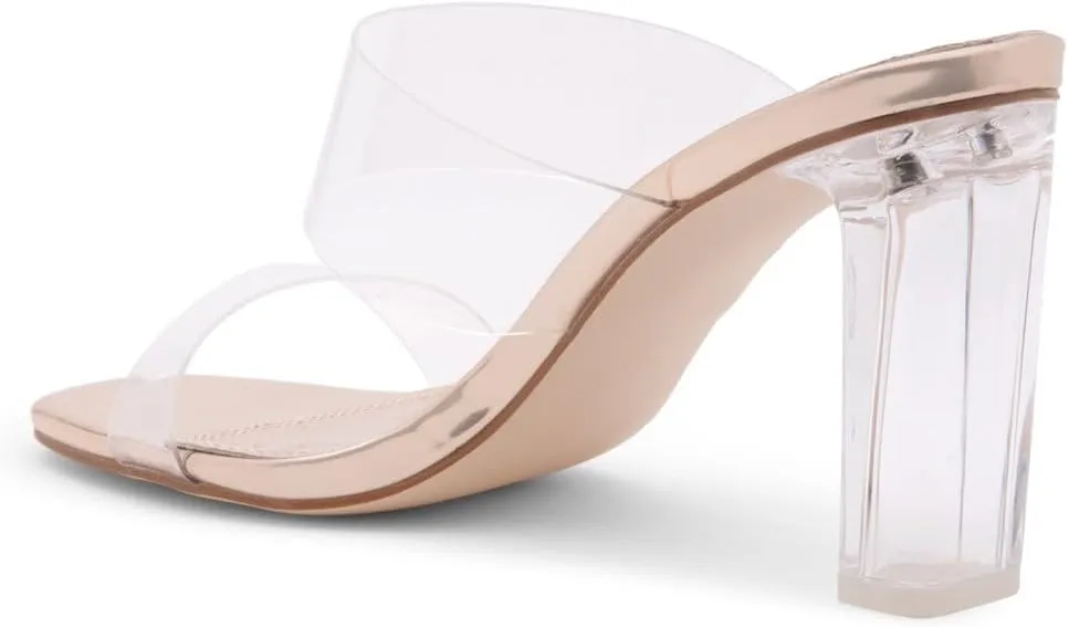 Shoe Land Brienna Women's Clear Heels Chunky Block Heeled Slides Open Toe Two Band Slip-On Mules  Dressy Heeled Sandals for Prom, Wedding, and Party
