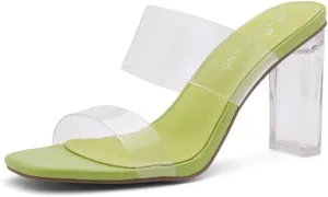 Shoe Land Brienna Women's Clear Heels Chunky Block Heeled Slides Open Toe Two Band Slip-On Mules  Dressy Heeled Sandals for Prom, Wedding, and Party
