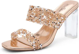 Shoe Land Brienna Women's Clear Heels Chunky Block Heeled Slides Open Toe Two Band Slip-On Mules  Dressy Heeled Sandals for Prom, Wedding, and Party