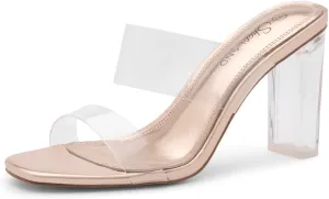 Shoe Land Brienna Women's Clear Heels Chunky Block Heeled Slides Open Toe Two Band Slip-On Mules  Dressy Heeled Sandals for Prom, Wedding, and Party