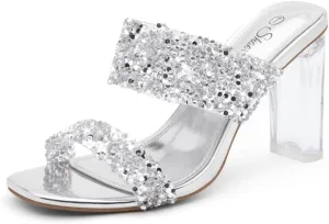 Shoe Land Brienna Women's Clear Heels Chunky Block Heeled Slides Open Toe Two Band Slip-On Mules  Dressy Heeled Sandals for Prom, Wedding, and Party