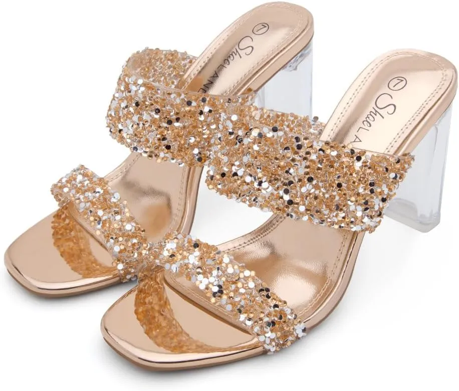 Shoe Land Brienna Women's Clear Heels Chunky Block Heeled Slides Open Toe Two Band Slip-On Mules  Dressy Heeled Sandals for Prom, Wedding, and Party