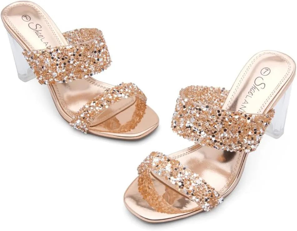Shoe Land Brienna Women's Clear Heels Chunky Block Heeled Slides Open Toe Two Band Slip-On Mules  Dressy Heeled Sandals for Prom, Wedding, and Party