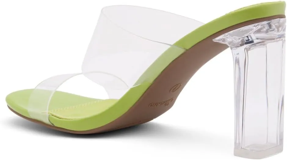 Shoe Land Brienna Women's Clear Heels Chunky Block Heeled Slides Open Toe Two Band Slip-On Mules  Dressy Heeled Sandals for Prom, Wedding, and Party