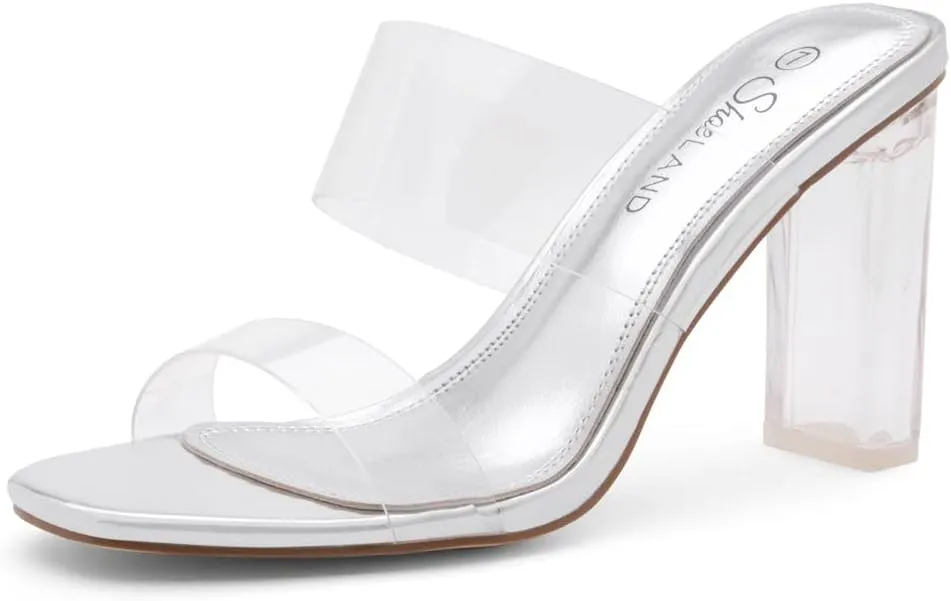 Shoe Land Brienna Women's Clear Heels Chunky Block Heeled Slides Open Toe Two Band Slip-On Mules  Dressy Heeled Sandals for Prom, Wedding, and Party