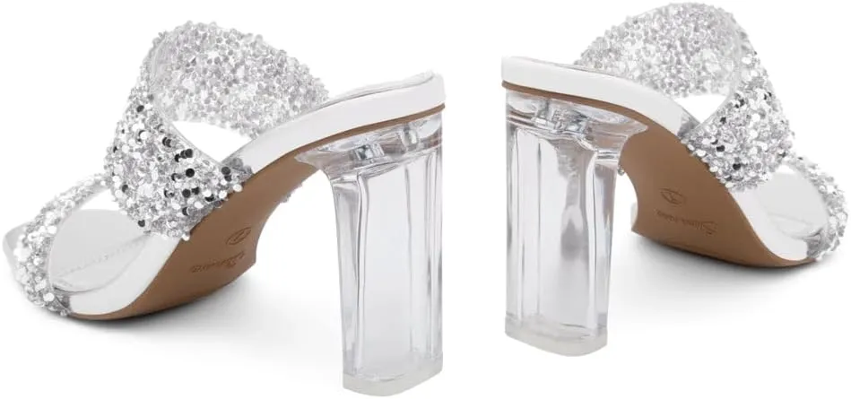 Shoe Land Brienna Women's Clear Heels Chunky Block Heeled Slides Open Toe Two Band Slip-On Mules  Dressy Heeled Sandals for Prom, Wedding, and Party